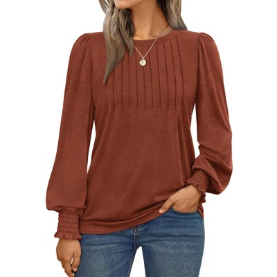 Women's Long Sleeve Pleated Blouse Top Business Casual Crewneck Shirt Smocked Ruffled Cuffs Tunic