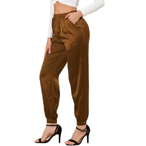 INSPIRE CHIC Women's Drawstring Elastic Waist Ankle Length Satin Joggers Pants with Pocket - 1 of 4