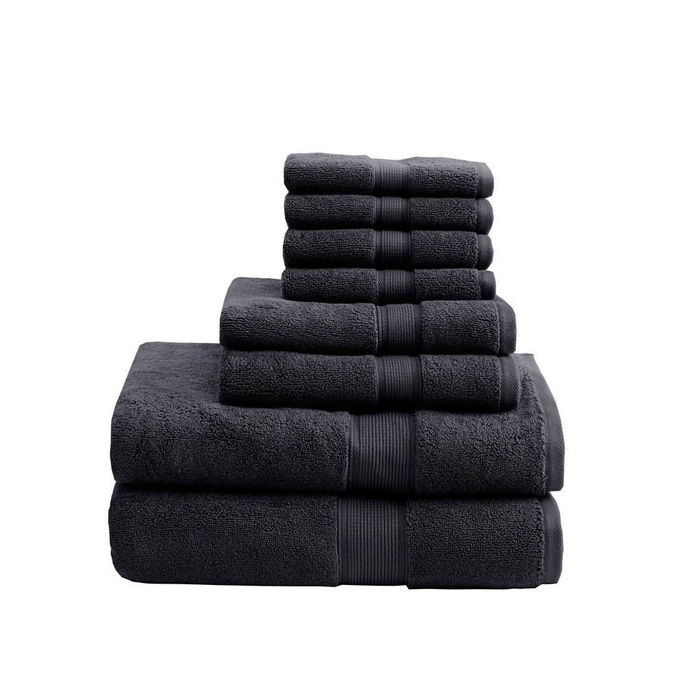 Photos - Towel 8pc Cotton Bath  Set Black: Madison Park, Heavyweight Terry, OEKO-TEX