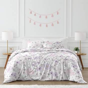 3pc Watercolor Floral Full/Queen Kids' Comforter Bedding Set Lavender and Gray - Sweet Jojo Designs