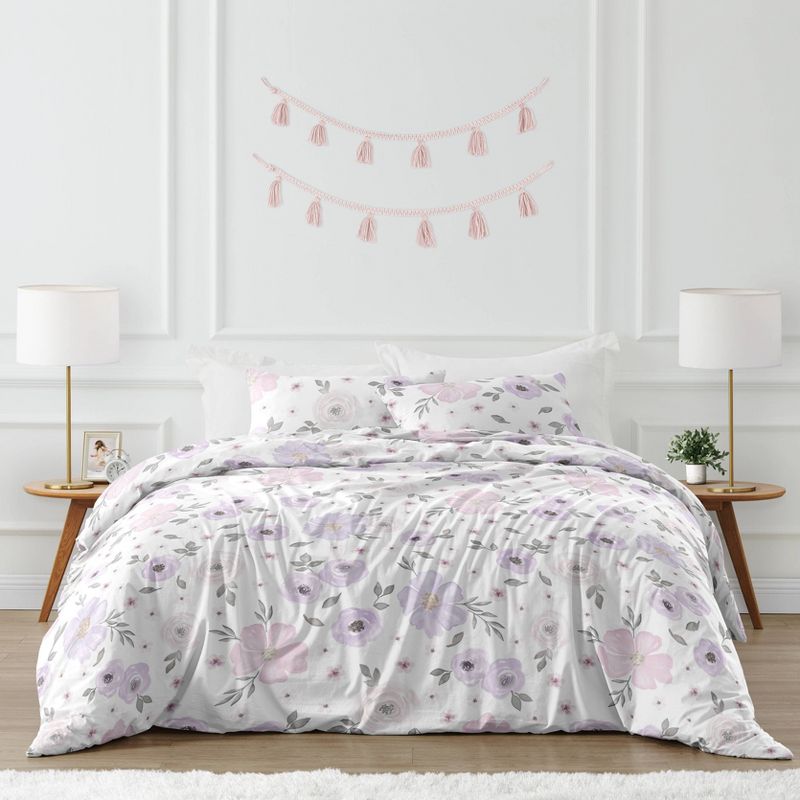3pc Watercolor Floral Full/Queen Kids&#39; Comforter Bedding Set Lavender and Gray - Sweet Jojo Designs, 1 of 9