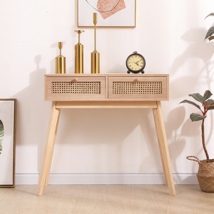 HOMLUX Rattan Console Table Entryway Side Table with 2 Rattan Drawers,Black/Natural - 1 of 4