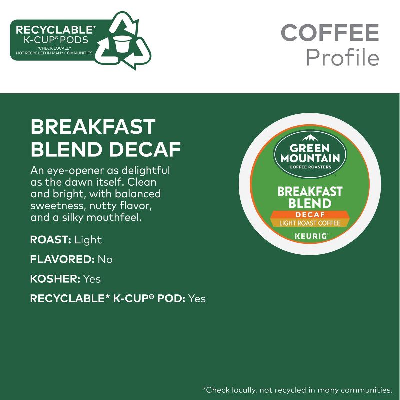 24ct Green Mountain Coffee Breakfast Blend Decaf Keurig K-Cup Coffee Pods Decaffeinated Light Roast, 4 of 14