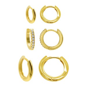 Adornia 14k Gold Plated 3-Huggie Hoop Earrings Set With 1-Crystal Hoop - 1 of 4