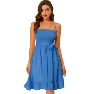 Allegra K Women's Summer Boho Smocked Spaghetti Strap Tie Waist Ruffle Beach Dress - 1 of 4