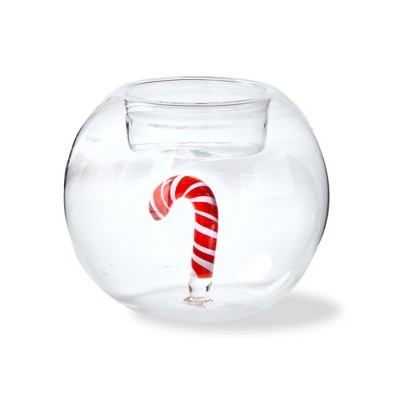 tag Candy Cane Globe Tealight Holder - Clear Glass Christmas Candle Holder for Tealight & Votive Candles, 3" x 3" x 2.5"