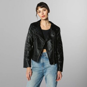 Members Only Women's Faux Leather Studded Biker Jacket - Black - X-Small - 1 of 4