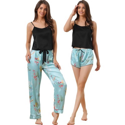 cheibear Women's Floral 3 Pieces Pajama Sets Cami Shorts and Long Pants Set  for Sleep Loungewear Blue X-Small