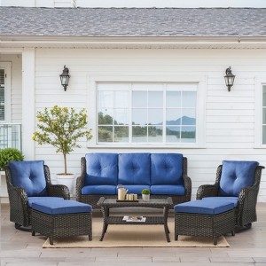 Buenhomino Wicker Outdoor Patio Furniture Set - 6 Piece Patio Conversation Set with Swivel Rocker Chairs, Rattan Sofa, Ottomans and Coffee Table - 1 of 4