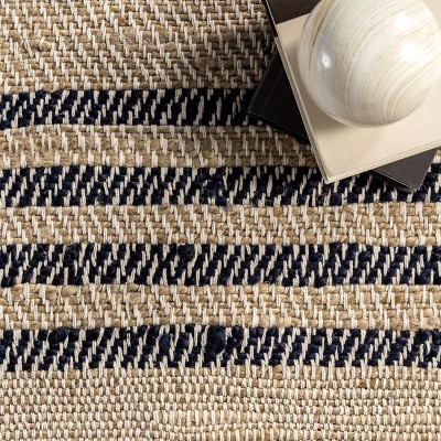 Meadow Natural Jute Flatweave Rug with Blue Stripes