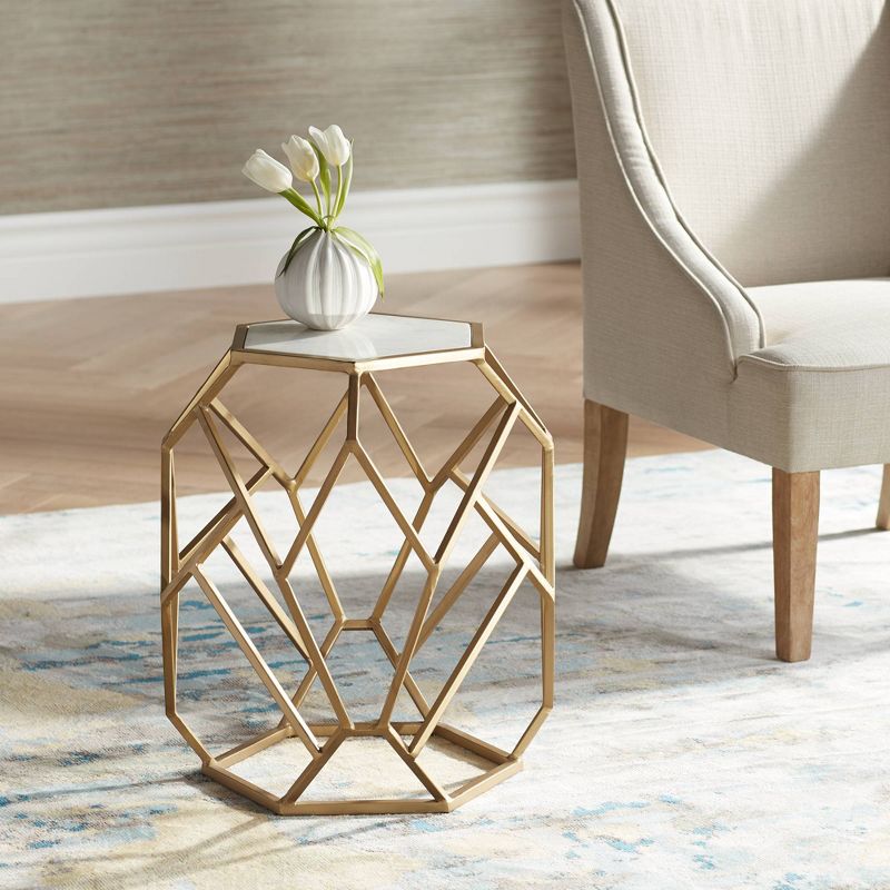 Coast to Coast Accents Modern Gold Metal Hexagon Accent Table 20 1/2" Real White Marble Tabletop for Living Room Bedroom Bedside, 2 of 7