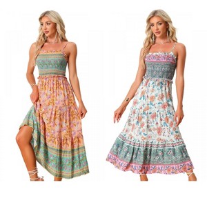 INSPIRE CHIC Women's Summer Spaghetti Strap A-Line Flowy Smocked Midi Boho Floral Sundresses 2 Packs - 1 of 4
