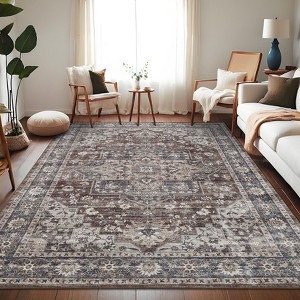 Vintage Machine Area Rug  Non Shedding Soft Distressed Flower Printed Indoor Carpet Non Slip Floor Mat - 1 of 4