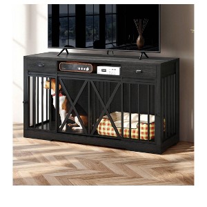 63inch Wooden Double Dog Crate For 2 Dogs TV Stand Dog Kennel Sliding Barn Door for Halloween Christmas Decor - 1 of 4