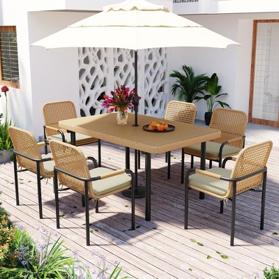 YOOCOZZ 7-Piece Patio Dining Set - Plastic-Wood Table & Umbrella Hole