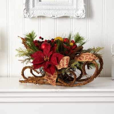 Winter Wonderland Poinsettia & Berries Tabletop Sleigh Arrangement
