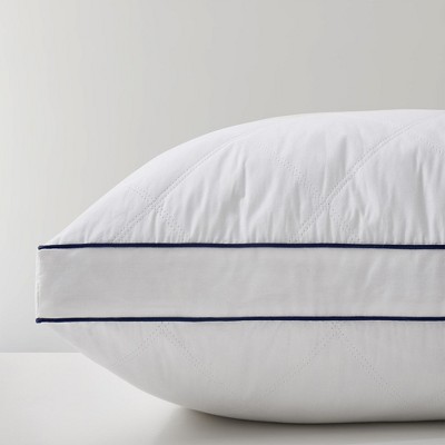 Queen Size White Goose Feather Down Pillows with Navy Piping, Pack of 2