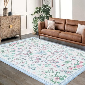 GustoWave Various sizes Modern Floral Machine Washable Indoor Waterproof Area Rug for Bedroom, Living Room, Blue - 1 of 4