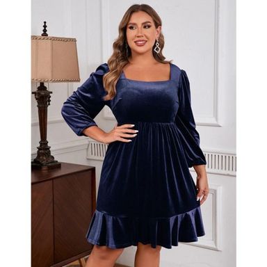 Coolmee Women Square Neck Long Lantern Sleeve Elastic Waist Ruffle Flowy A-Line Mini Velvet Dress Dark Purple 5XL