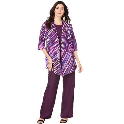 Roaman's Women's Plus Size Three-Piece Pantsuit, 14 W - Dark Berry Abstract  Stripe