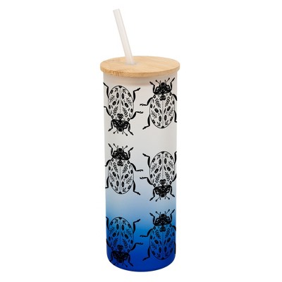 Elanze Designs Floral Beetle Bug Insect Wrap-Around Design 25 Ounce Frosted Gradient Glass On-The-Go Coffee Travel Skinny Tumbler Mug Cup, Bamboo Lid