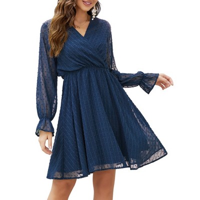 Women V Neck Long Sleeve Dress Lace Flowy Polka Dot Chiffon Wrap Midi Dresses