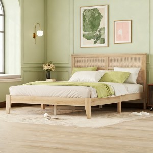 Luxystar Queen Size Rubber Wooden Bed with Rattan Headboard and Support Feet for Bedroom - 1 of 4