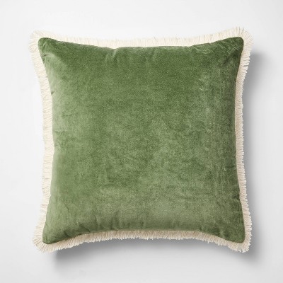 Oversized Square Solid Velvet Pillow w/ Fringe Army Green  - Threshold™ Designed with Studio McGee