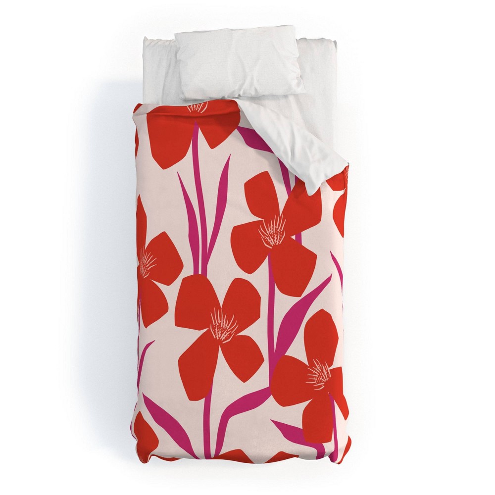 Photos - Bed Linen Deny Designs 2pc Twin/Twin Extra Long Maritza Lisa Red and Pink Floral Pattern Duvet Set Red: Microfiber, 300 Thread Count,