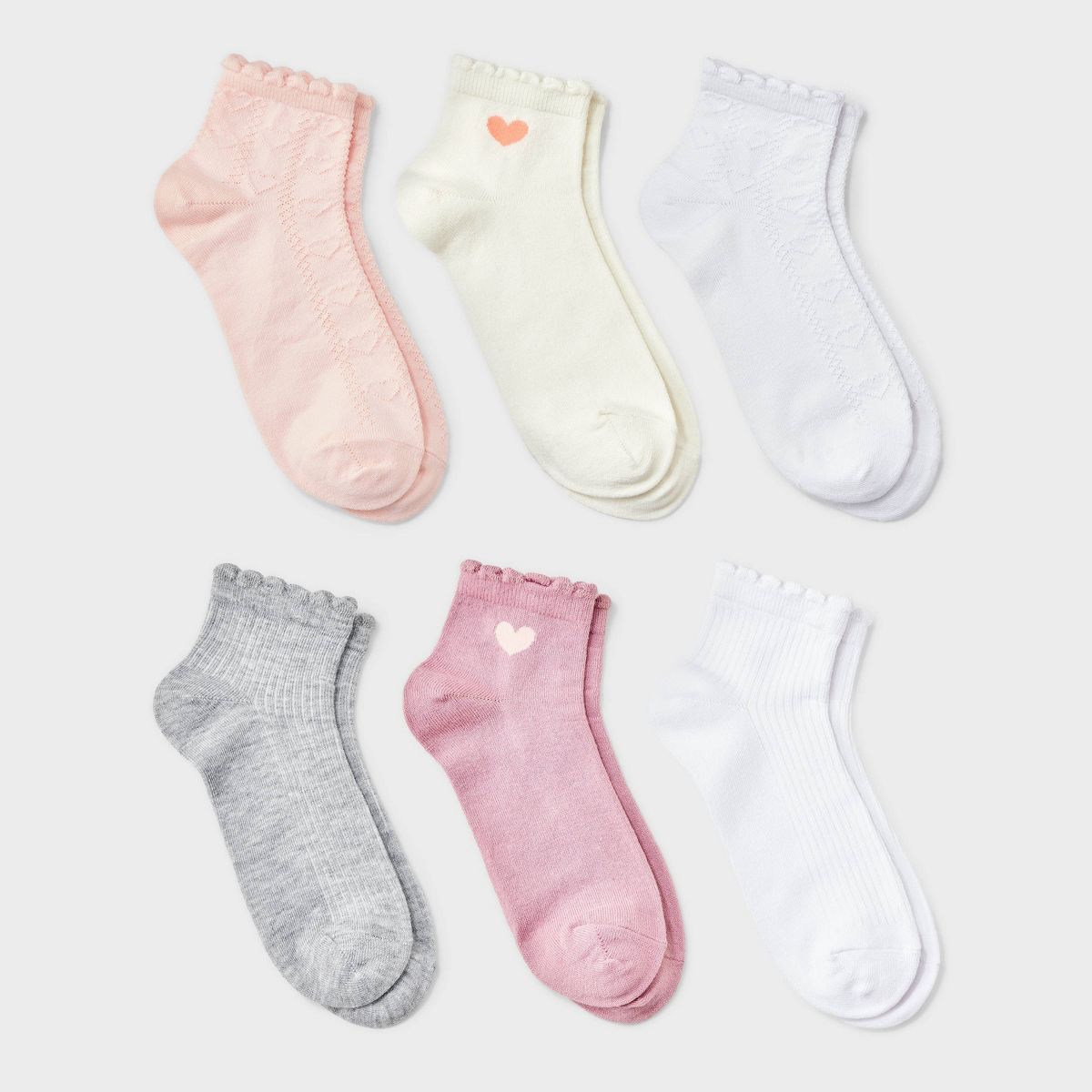 Girls' 6pk Heart Printed Pointelle Lettuce Edge Ankle Socks - art class™