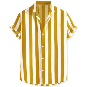 Lars Amadeus Men's Stripe Short Sleeved Color Block Button Down Beach Shirt - 1 of 4