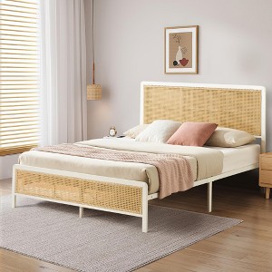 Rattan Boho Platform Bed Frame with Light Headboard with Sturdy Steel Slat Support, Heavy-Duty Steel, No Box Spring Needed - 1 of 4