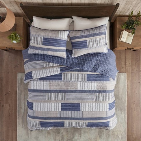 King California King 3pc Highland Cotton Reversible Coverlet Set Blue Taupe Target