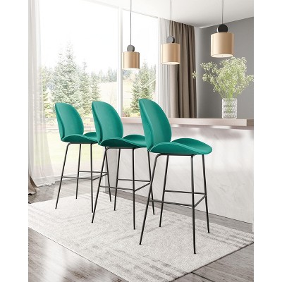 Teal Velvet and Black Steel Mid-Century Modern Bar Stool