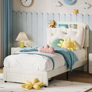Twin Bed Frames for Kids, Velvet Upholstered Platform Bed Frames with Drawer and Bookcase Headboard, Girls Boys Bed - 1 of 4