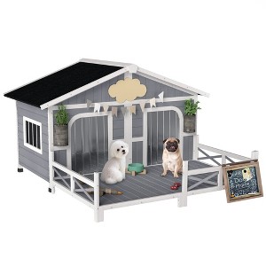 Dog House Outdooren Dog Kennel Weatherproof with Porch, Openable Roof, Removable Bottom, Elevated Floor, Double Room - 1 of 4