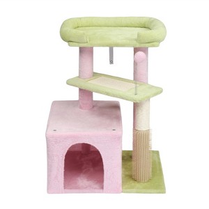 Gulches Pink Green 27 inch Cat Tree Small Cats Condo Sisal Post Board Plush Top Perch Hanging Ball 11 lbs Tower Furniture - 1 of 4