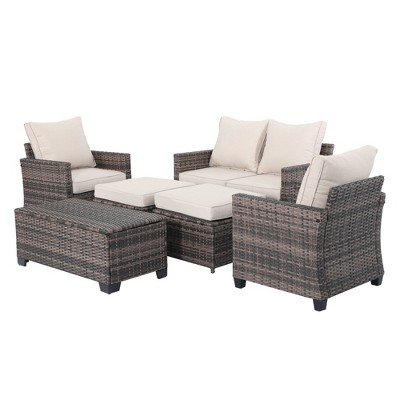Decksplore 6 Pieces Outdoor Patio Wicker Furniture Set with Coffee Table and Seat and Cushions