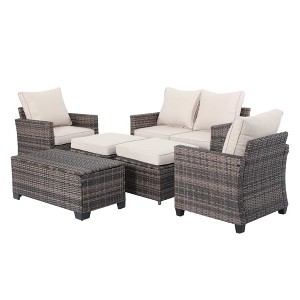 Decksplore 6 Pieces Outdoor Patio Wicker Furniture Set with Coffee Table and Seat and Cushions - 1 of 4