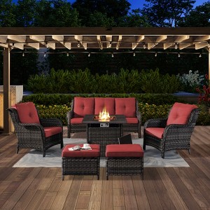 6 Pieces Outdoor Patio Furniture Set with Fire Pit Table, PE Resin All Weather Wicker Patio Propane Fire Pit Set with Patio Couch, Club Chairs in Red - 1 of 4