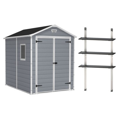Keter Manor 6 x 8 Foot Outdoor Garden Tool Storage Shed Backyard Utility Organizer Bundled with 40 Inch Steel Shelving Kit, Gray