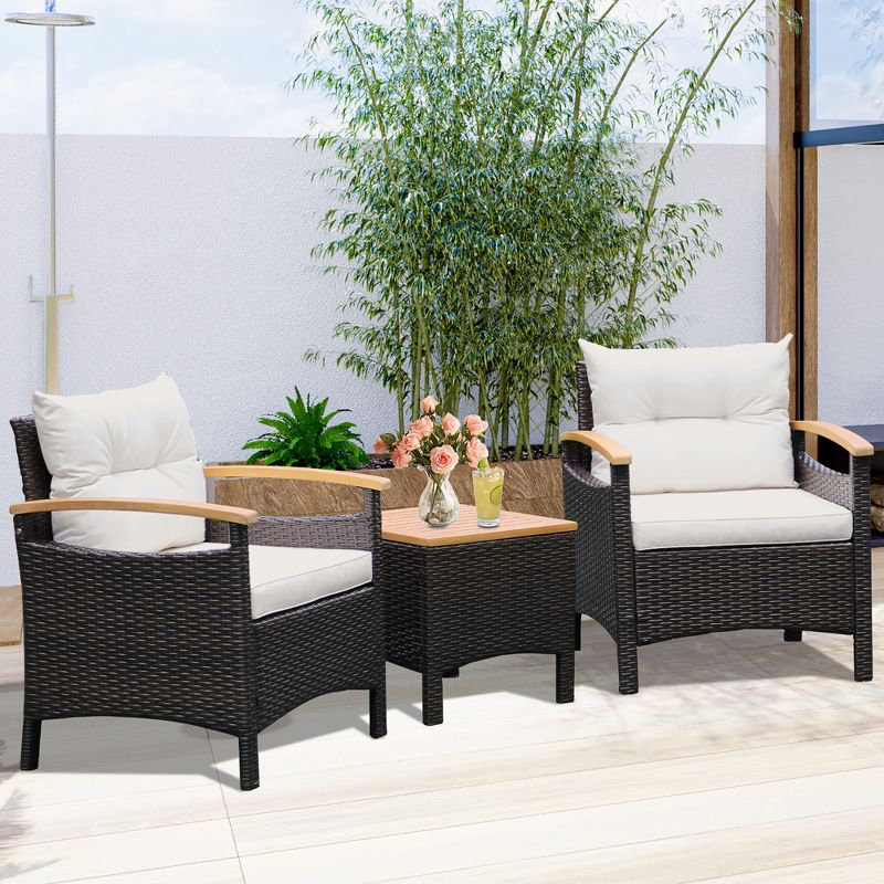 Tangkula 3PCS Patio PE Rattan Conversation Furniture Set Bistro Set Acacia Wood Tabletop, 4 of 9