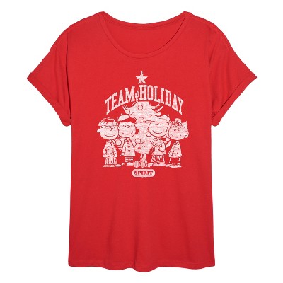 Women's - Peanuts - Snoopy and Friends Team Holiday Spirit Christmas Oversized Graphic T-Shirt