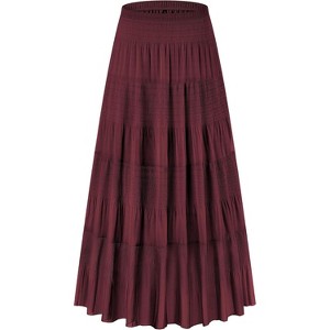 Women's Chiffon Boho Maxi Skirt - High Waist Tiered Pleated Floral A-Line Long Skirt Wine - 1 of 4