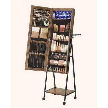 Lockable Mirrored Jewelry Cabinet with 6 LEDs Rustic Brown - SONGMICS