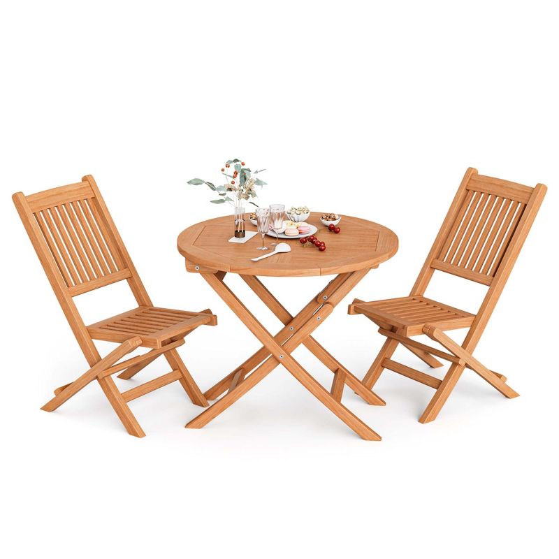 Costway 3pcs Patio Outdoor  Indonesia Teak Wood Bistro Dining Set Folding Chair & Table Slatted, 4 of 11