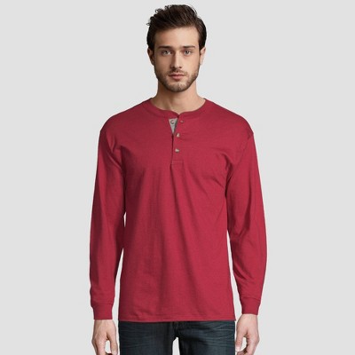 Hanes Men's Long Sleeve Beefy Henley Shirt - Red Brick S