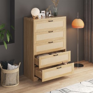 Rattan 5 Drawer Dressers for Bedroom,with Deep Drawers,Large Chest of Drawers for Closet with Wide Top,Long Wooden Dresser for Living Room,Hallway - 1 of 4