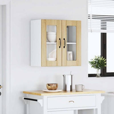 CLIHOME 2 Doors Contemporary Kitchen Wall Storage Cabinet Engineered Wood and Glass