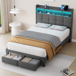 NicBex Full/Queen/King Upholstered Bed Frame with Storage Headboard and 2 Drawers,Platform Bed Frame with LED Light,Charging Station,Easy Assembly - 1 of 4